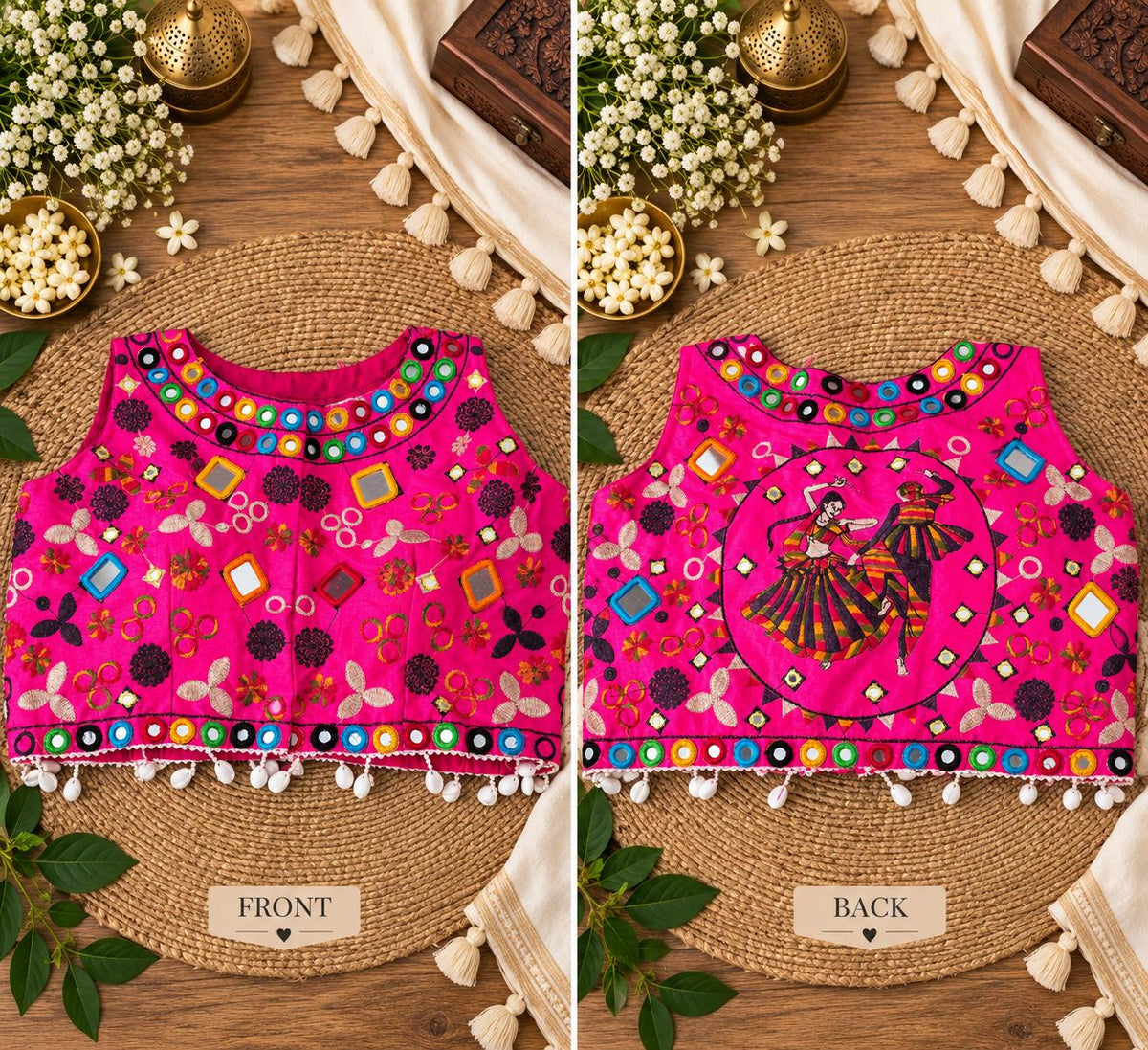 Pink Garba Blouse | Gujarati Chaniya Choli Blouse | Mirror Work Embroidered Blouse | Navratri Dandiya Blouse | Black & White Blouse