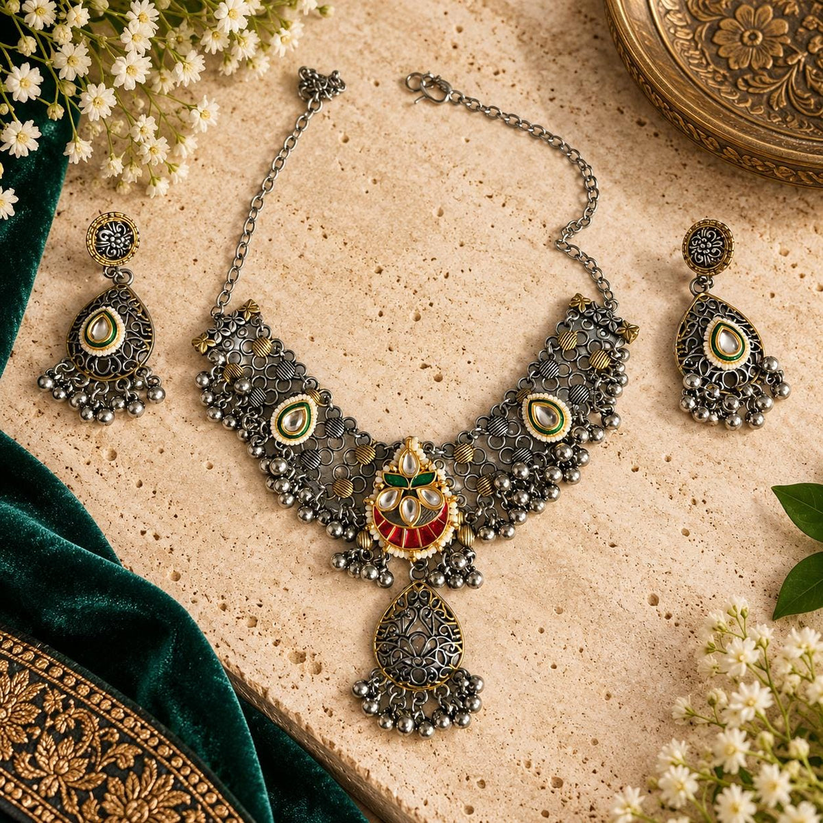 Oxidized Silver Necklace Set with earings Jewelry, Garba Jewelry, Navratri Necklace, Gujarati Jewelry, Boho Statement Jewelry ( code 5)