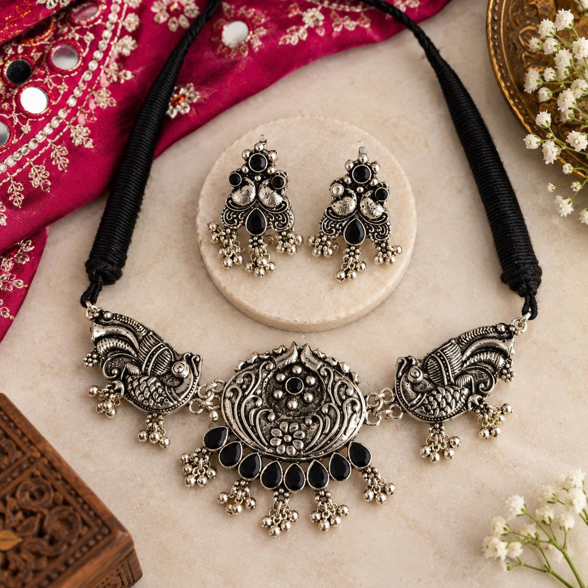 Oxidized Silver Necklace Set with earings Jewelry, Garba Jewelry, Navratri Necklace, Gujarati Jewelry, Boho Statement Jewelry ( code 9)