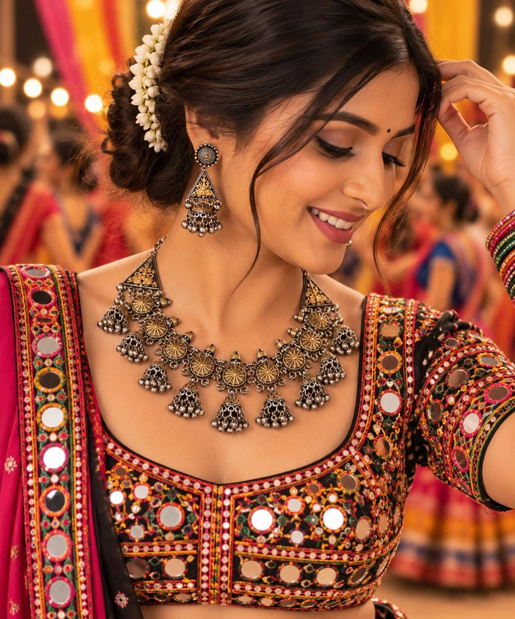 Oxidized Silver Necklace Set with earings Jewelry, Garba Jewelry, Navratri Necklace, Gujarati Jewelry, Boho Statement Jewelry ( code 11)