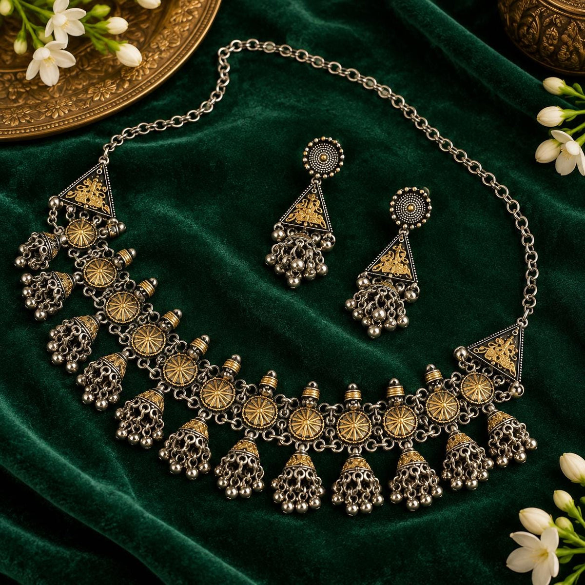 Oxidized Silver Necklace Set with earings Jewelry, Garba Jewelry, Navratri Necklace, Gujarati Jewelry, Boho Statement Jewelry ( code 11)
