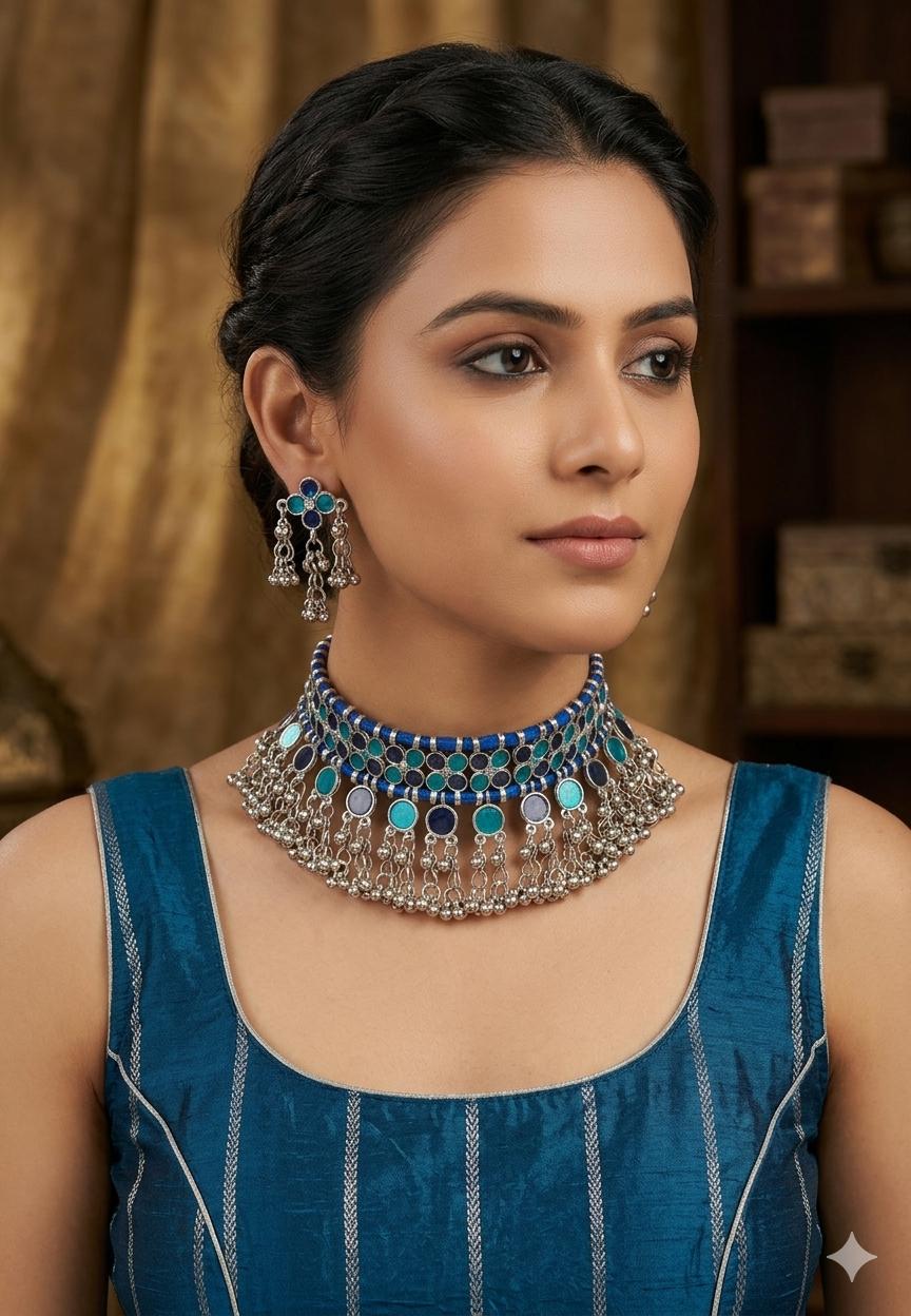 Oxidized Silver Necklace Set with earings Jewelry, Garba Jewelry, Navratri Necklace, Gujarati Jewelry, Boho Statement Jewelry ( code 13)