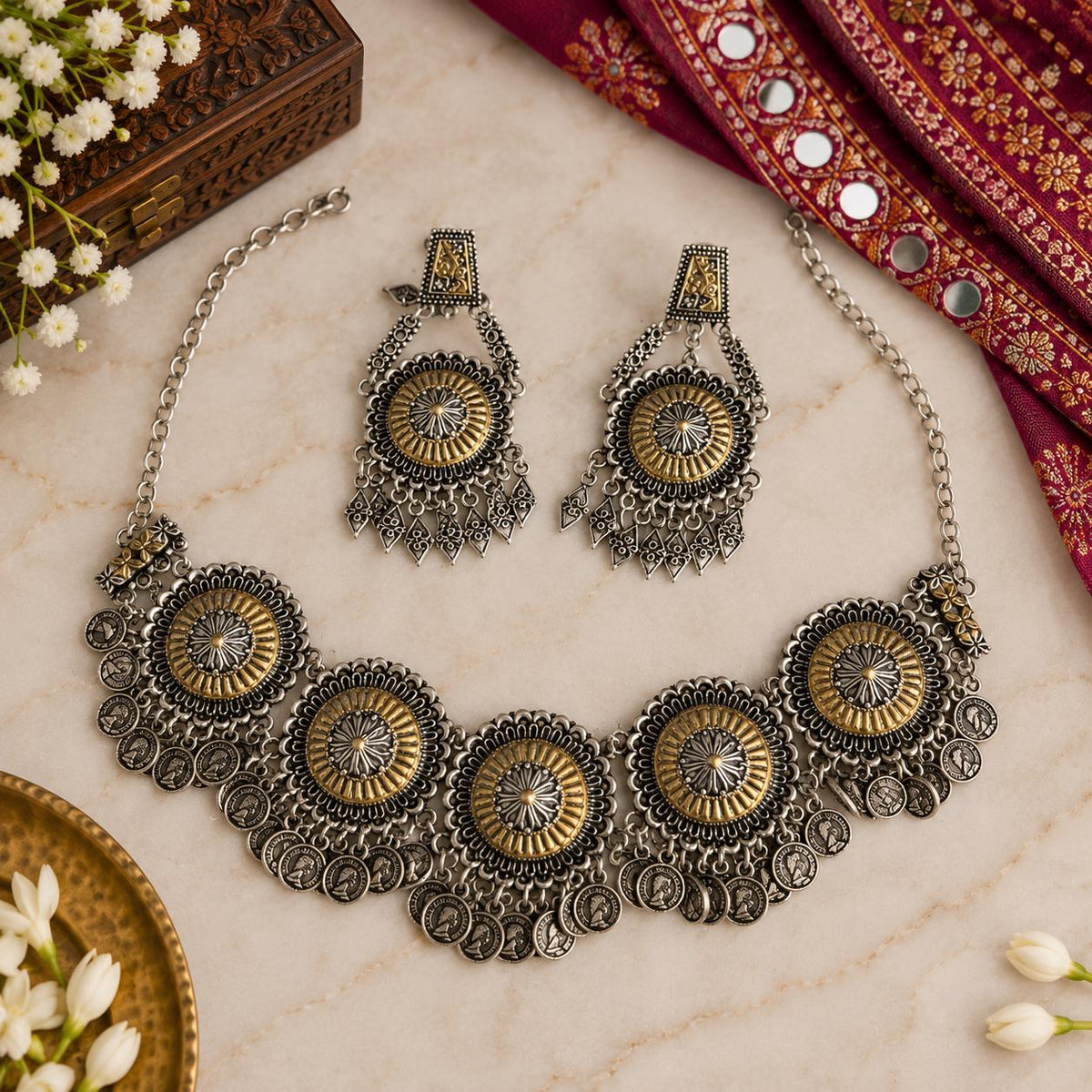 Oxidized Silver Necklace Set with earings Jewelry, Garba Jewelry, Navratri Necklace, Gujarati Jewelry, Boho Statement Jewelry ( code 15)