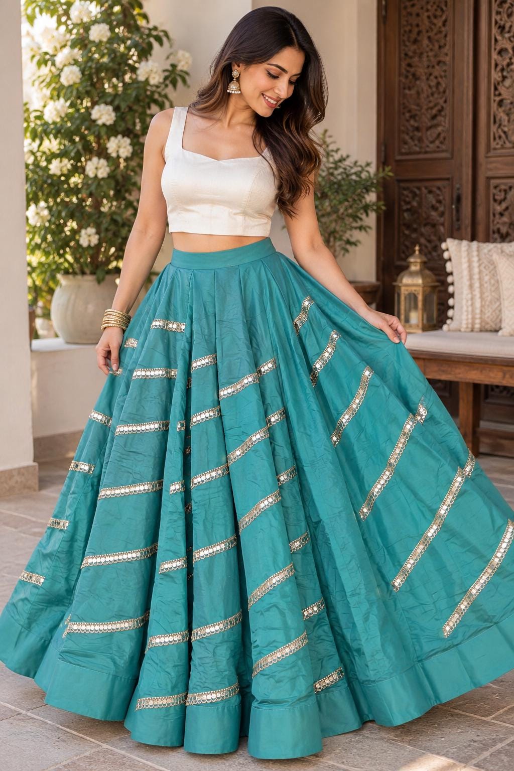 Teal green Gotta Work Lehenga Skirt | 10 Meter Flare, Mirror Work, Festive Maxi