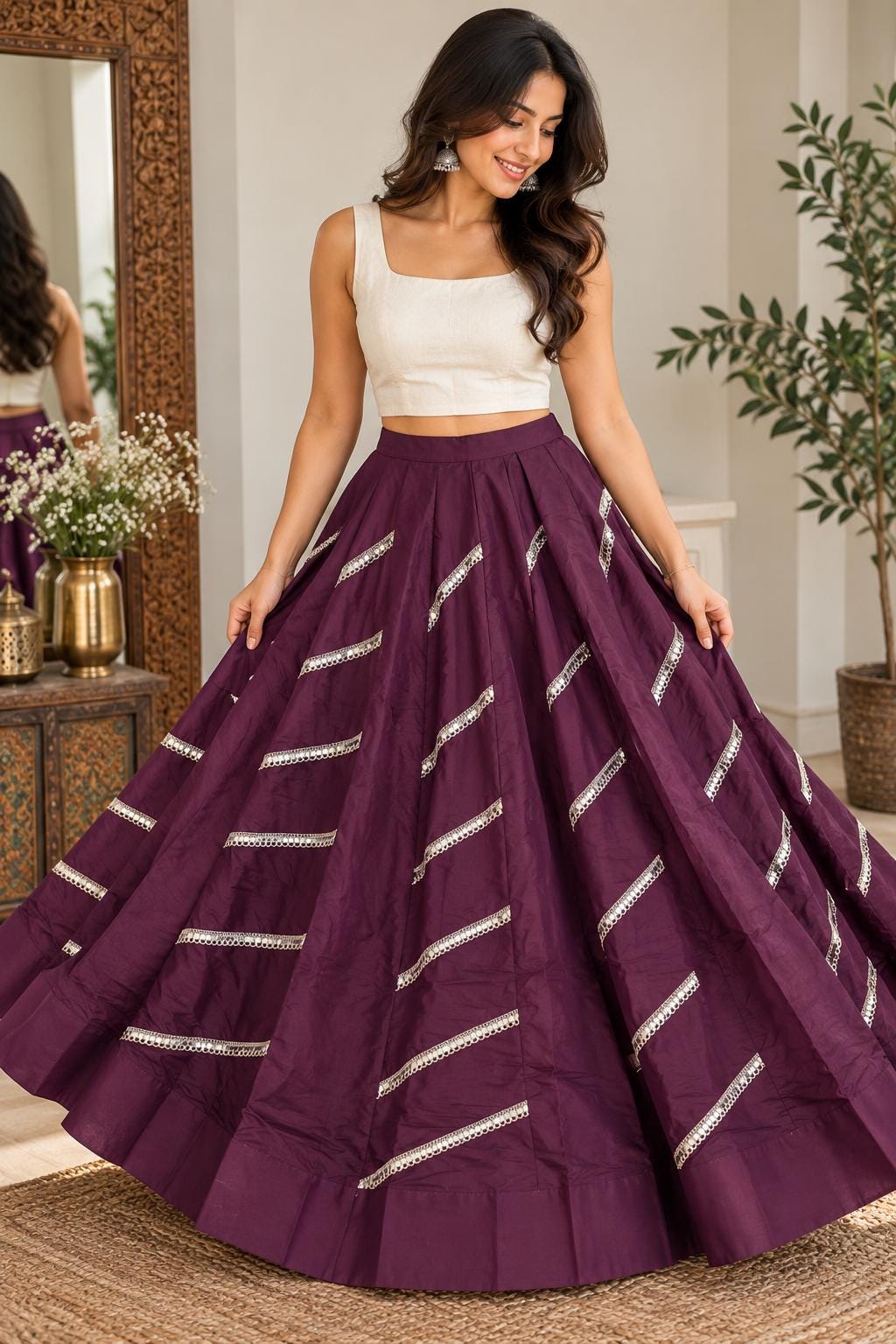 Dark purple Gotta Work Lehenga Skirt | 10 Meter Flare, Mirror Work, Festive Maxi