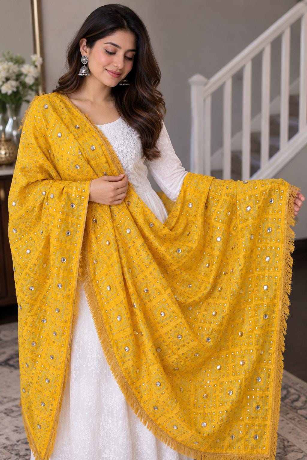 Handmade , Handwoven , Elegant vibrant & Authentic yellow Phulkari Dupatta / Indian Scarf. Hand embroidered .