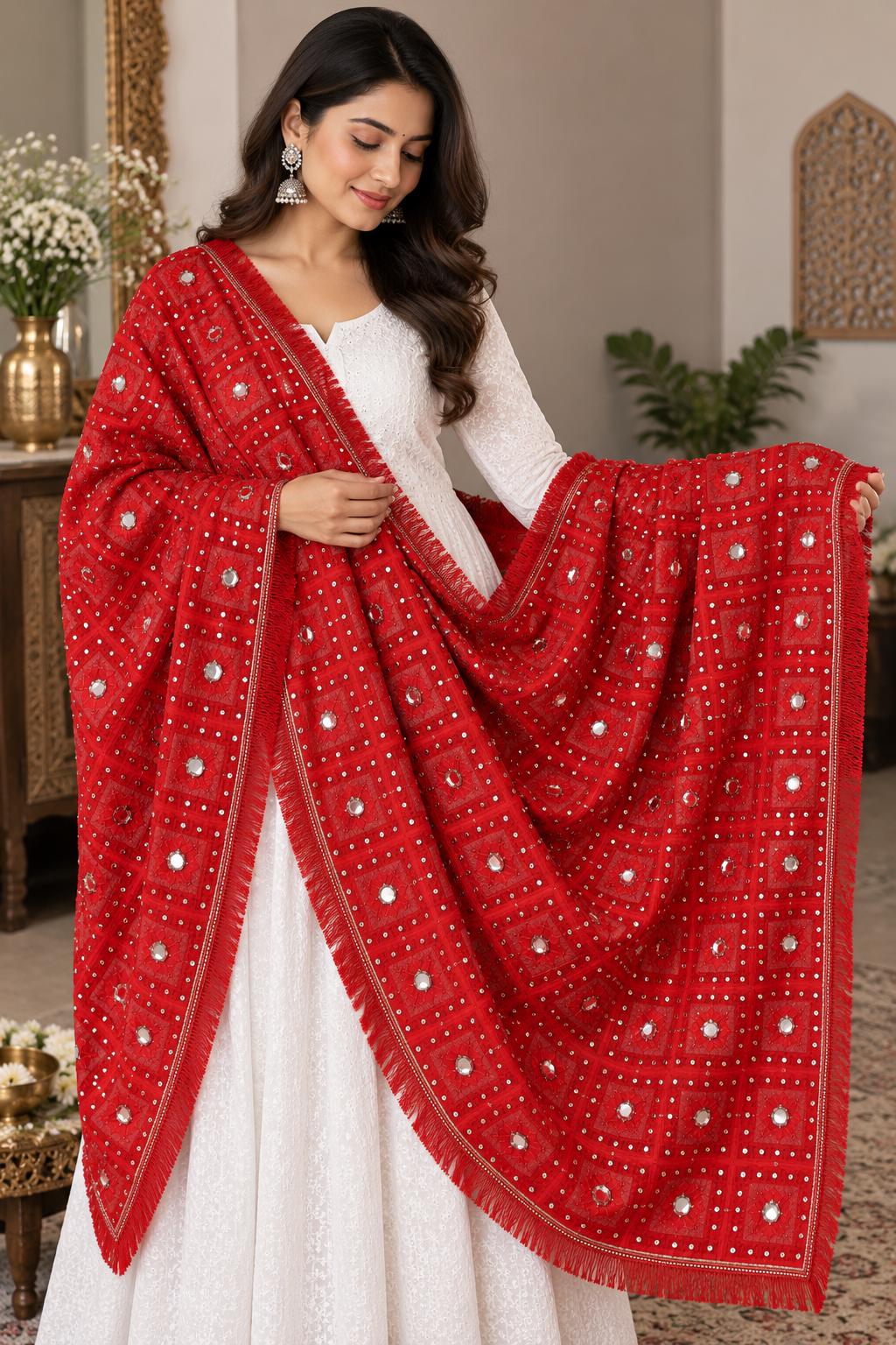 Handmade , Handwoven , Elegant vibrant & Authentic red Phulkari Dupatta / Indian Scarf. Hand embroidered .