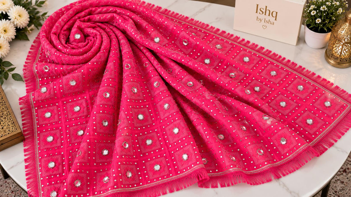 Handmade , Handwoven , Elegant vibrant & Authentic pink Phulkari Dupatta / Indian Scarf. Hand embroidered .