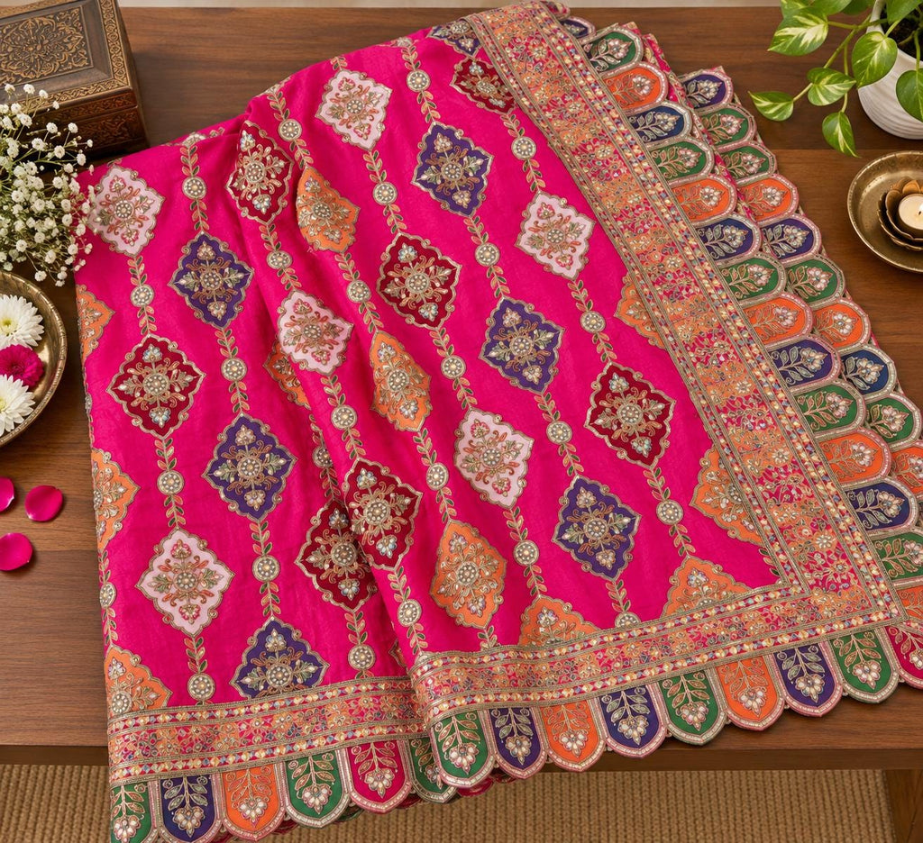 Pink Embroidered Georgette Dupatta | Handmade Ethnic Dupatta | Festive Indian Dupatta | Wedding & Party
