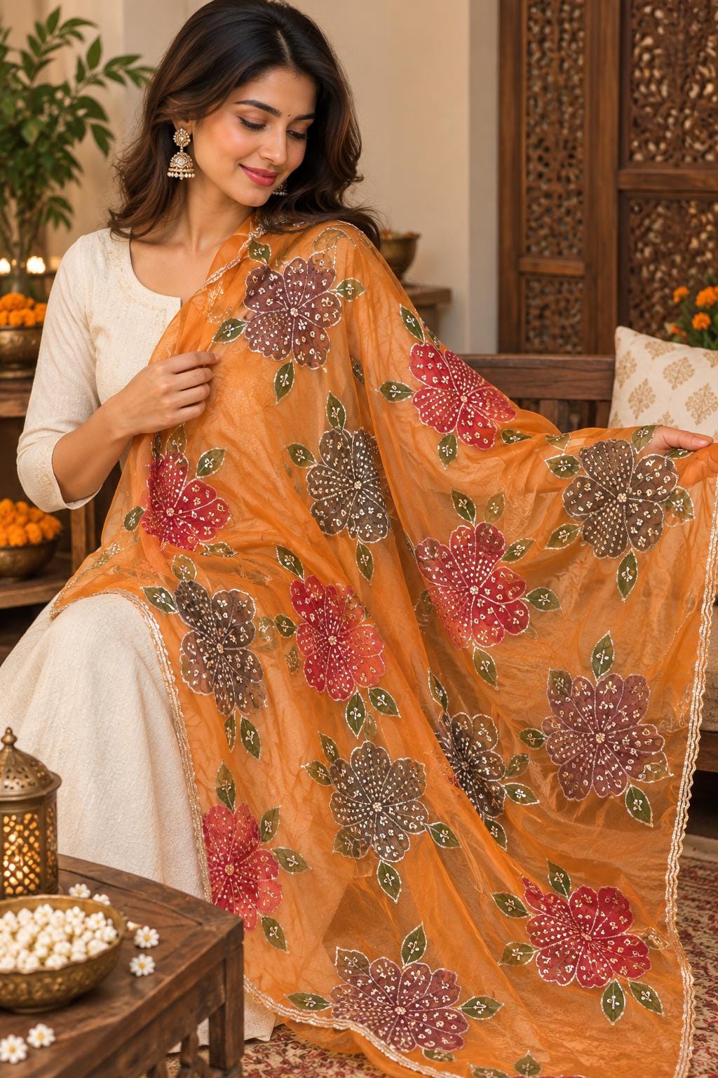 Embroidered oragnza orange Floral Dupatta, Indian Ethnic Festive Statement Shawl