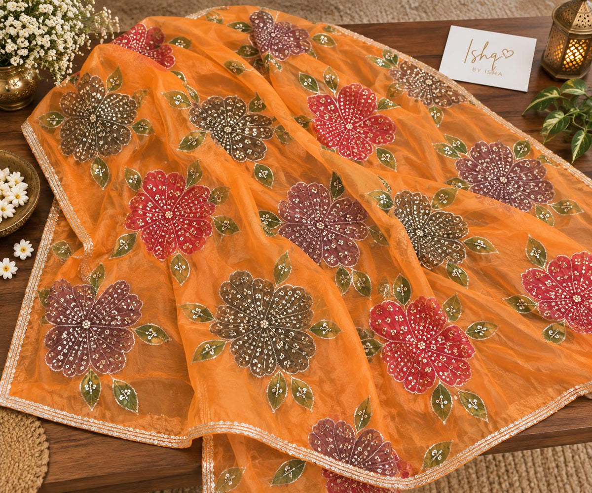 Embroidered oragnza orange Floral Dupatta, Indian Ethnic Festive Statement Shawl