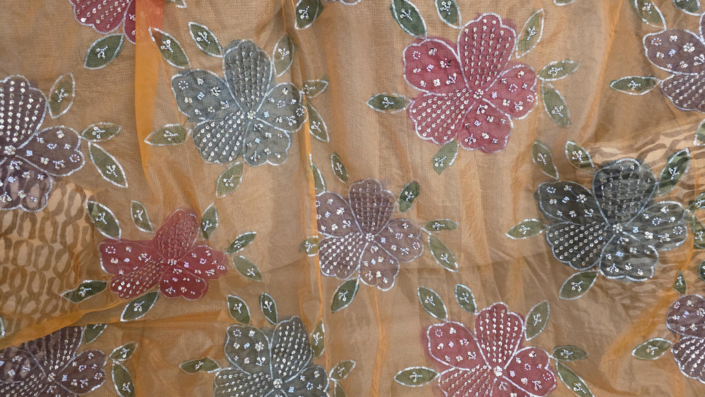 Embroidered oragnza orange Floral Dupatta, Indian Ethnic Festive Statement Shawl