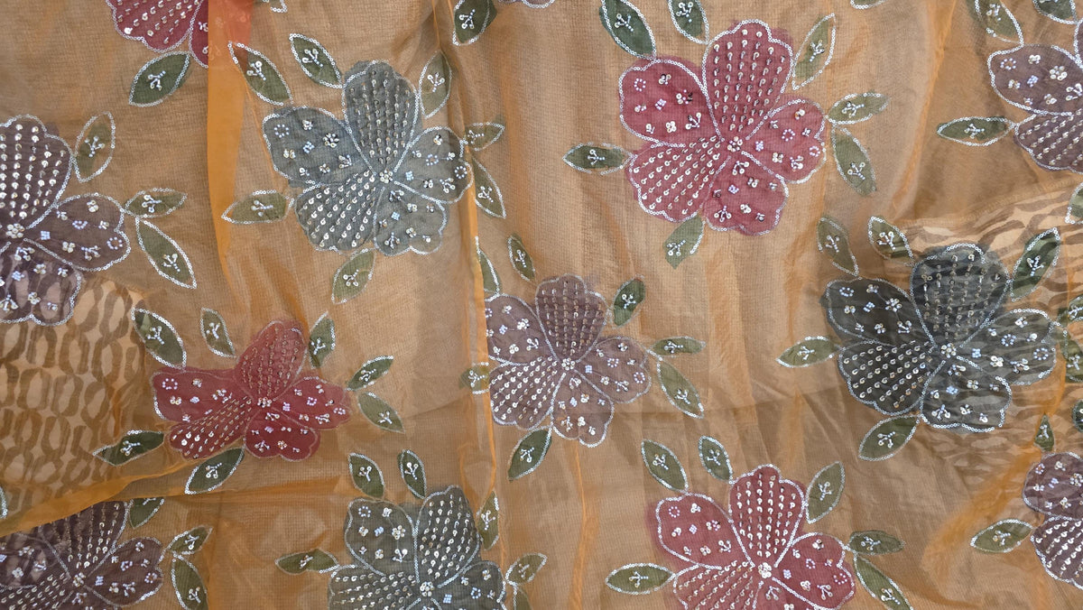 Embroidered oragnza orange Floral Dupatta, Indian Ethnic Festive Statement Shawl