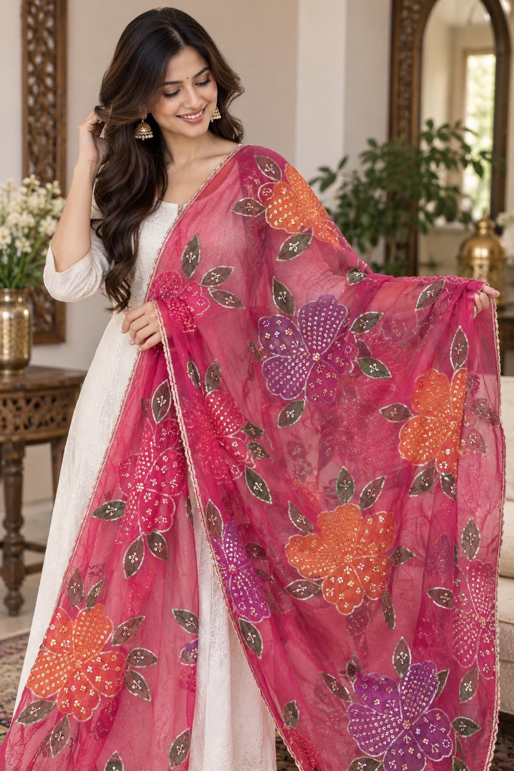 Embroidered pink Floral Dupatta, Indian Ethnic Festive Statement Shawl
