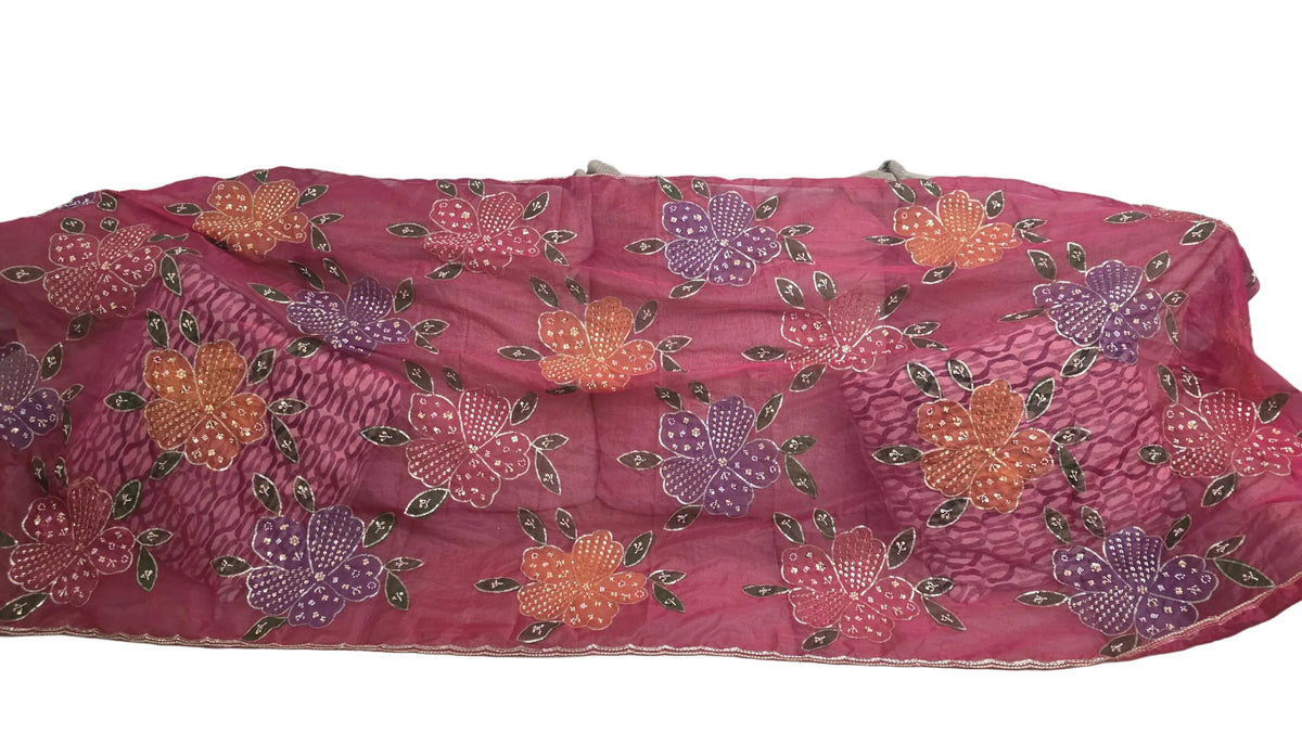 Embroidered pink Floral Dupatta, Indian Ethnic Festive Statement Shawl
