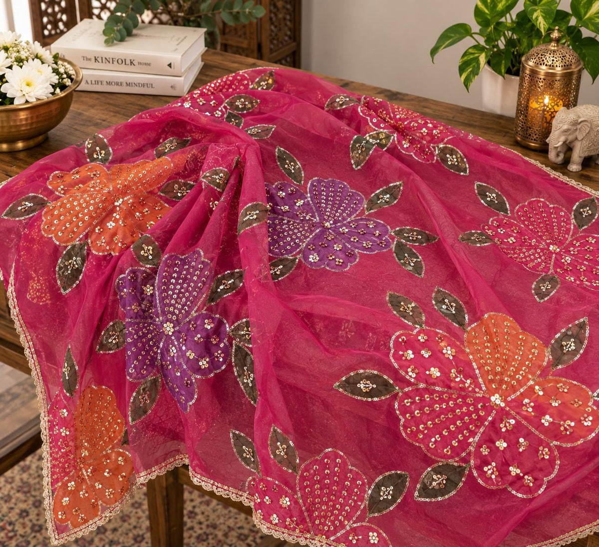 Embroidered pink Floral Dupatta, Indian Ethnic Festive Statement Shawl