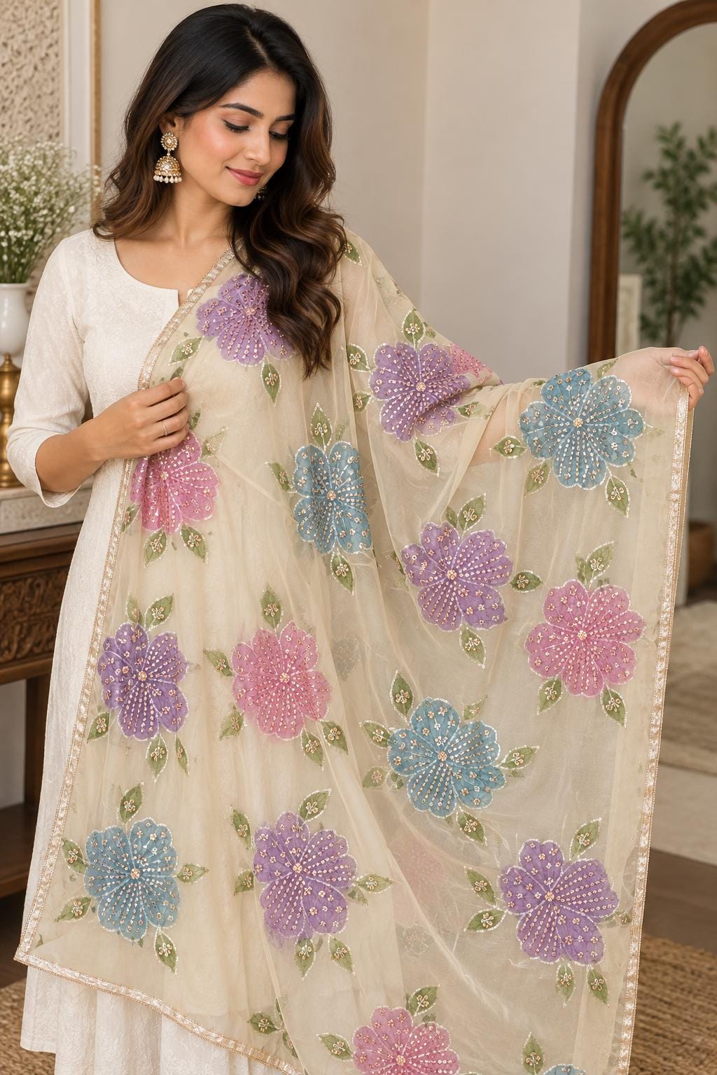 Embroidered cream Floral Dupatta, Indian Ethnic Festive Statement Shawl