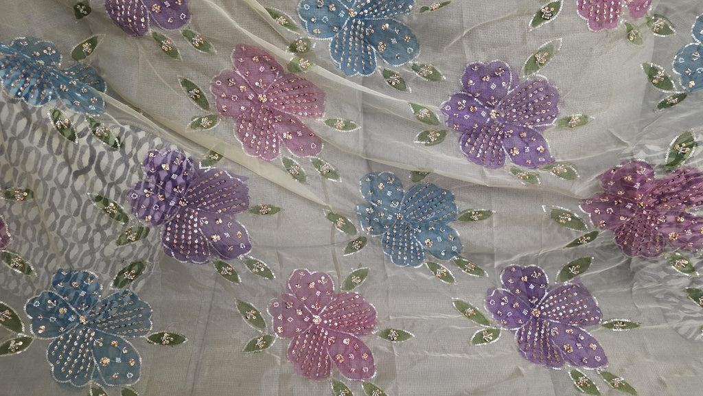 Embroidered cream Floral Dupatta, Indian Ethnic Festive Statement Shawl