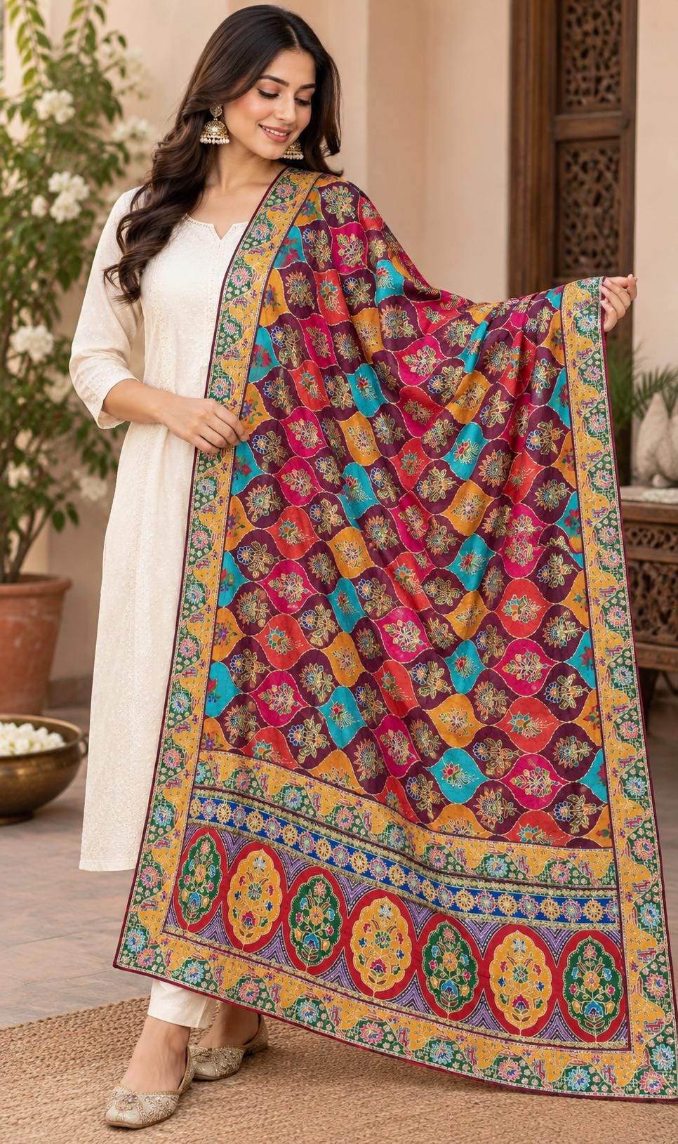 Pure Chinnon Dupatta | Designer Indian Dupatta | Multicolor Embroidered Dupatta | Festive Dupatta | Garba Navratri Dupatta | Chinnon Stole