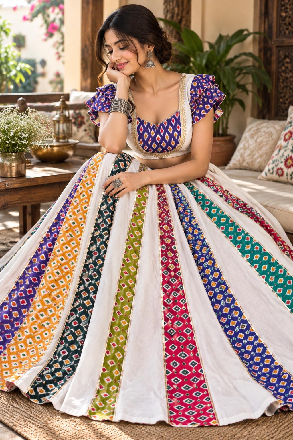White Patola Lehenga Set for Women | Navratri Garba Outfit | Handmade Indian Ethnic