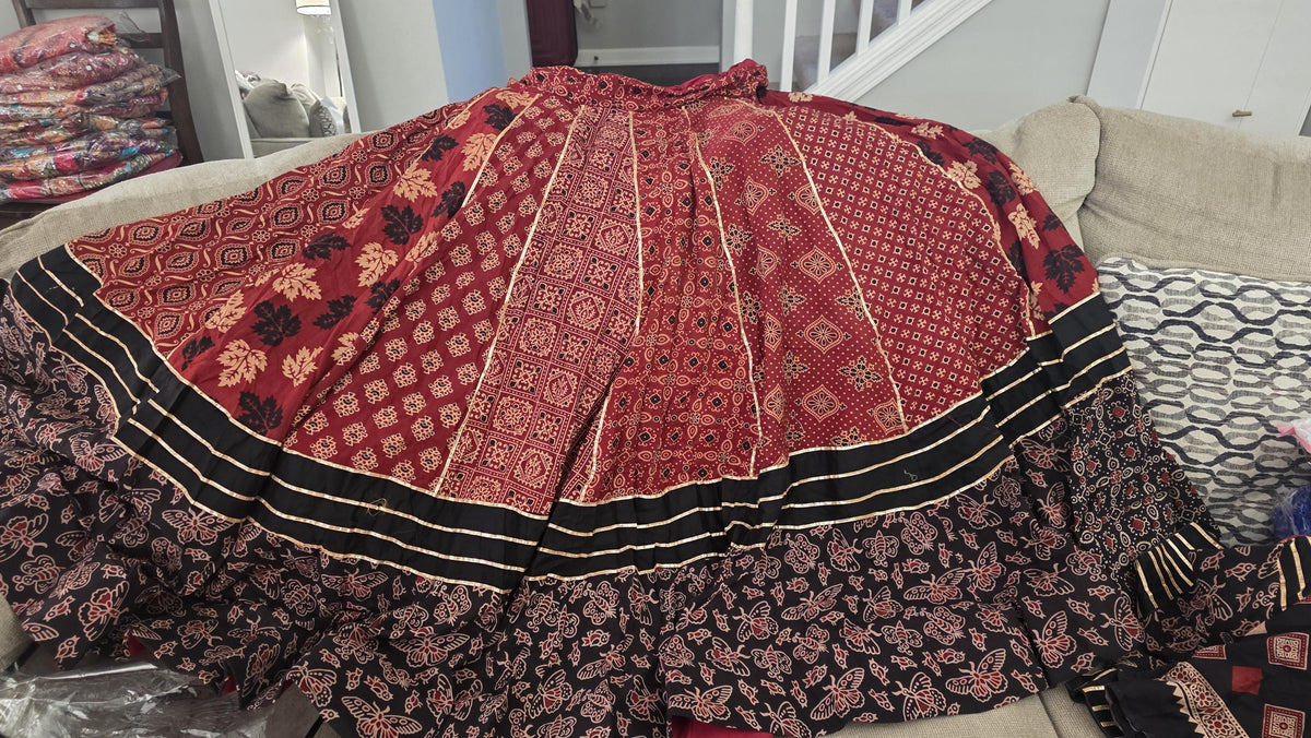Garba black Khadi Ajarak Print Lehenga |Multicolored Ethnic Skirt | Navratri Ghagra | Handmade Indian Festival Outfit