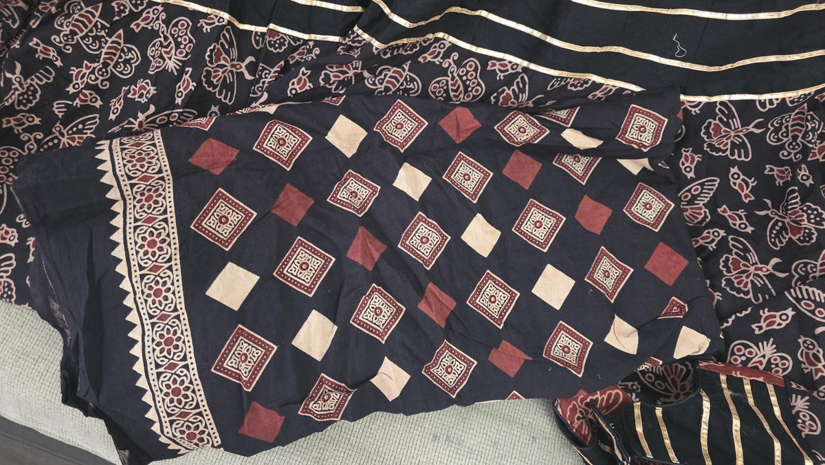 Garba black Khadi Ajarak Print Lehenga |Multicolored Ethnic Skirt | Navratri Ghagra | Handmade Indian Festival Outfit