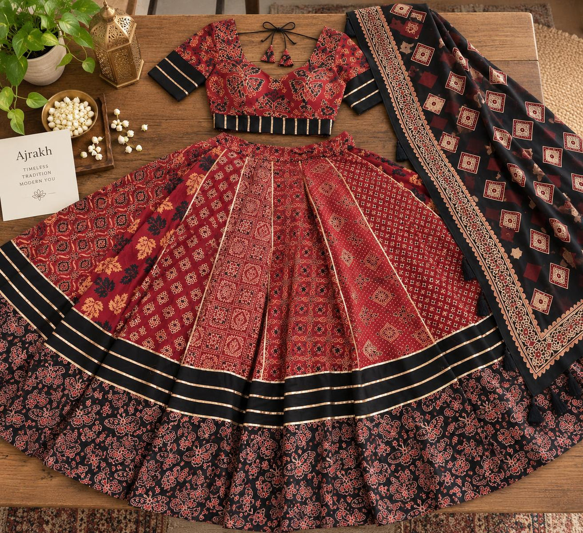 Garba black Khadi Ajarak Print Lehenga |Multicolored Ethnic Skirt | Navratri Ghagra | Handmade Indian Festival Outfit