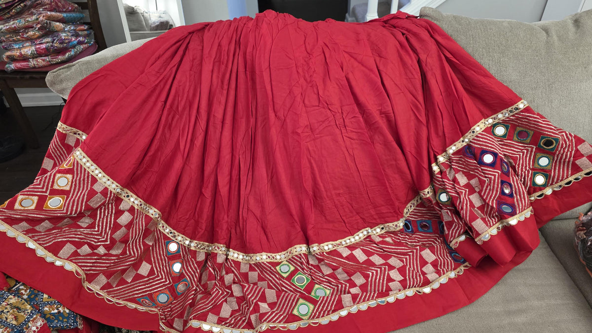 Red green Cotton Lehenga Choli Set | Gold Embroidered Indian Skirt Set | Navratri Garba Outfit | Festive Ethnic Wear | Wedding Lehenga