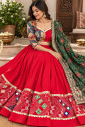 Red green Cotton Lehenga Choli Set | Gold Embroidered Indian Skirt Set | Navratri Garba Outfit | Festive Ethnic Wear | Wedding Lehenga