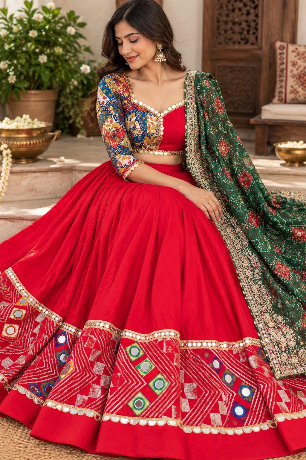 Red green Cotton Lehenga Choli Set | Gold Embroidered Indian Skirt Set | Navratri Garba Outfit | Festive Ethnic Wear | Wedding Lehenga