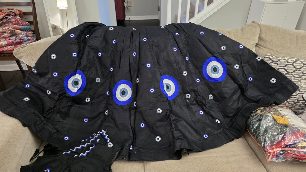 Black Embroidered Lehenga Set navratri garba blue eye motif skirt festive chaniya choli with dupatta