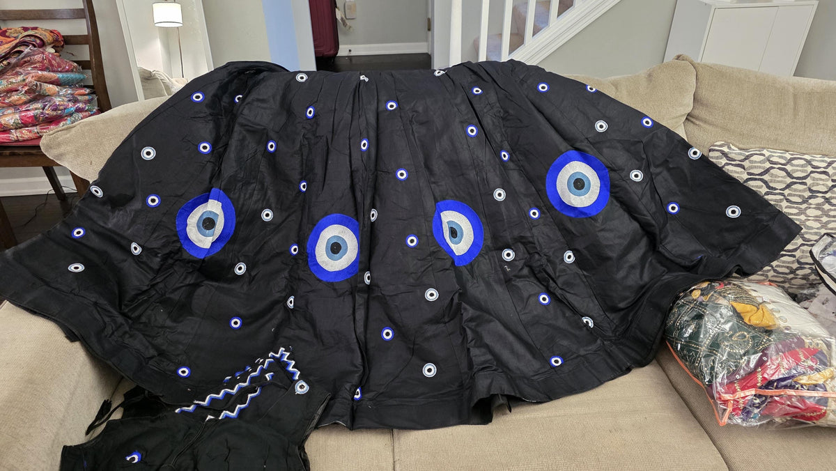 Black Embroidered Lehenga Set navratri garba blue eye motif skirt festive chaniya choli with dupatta