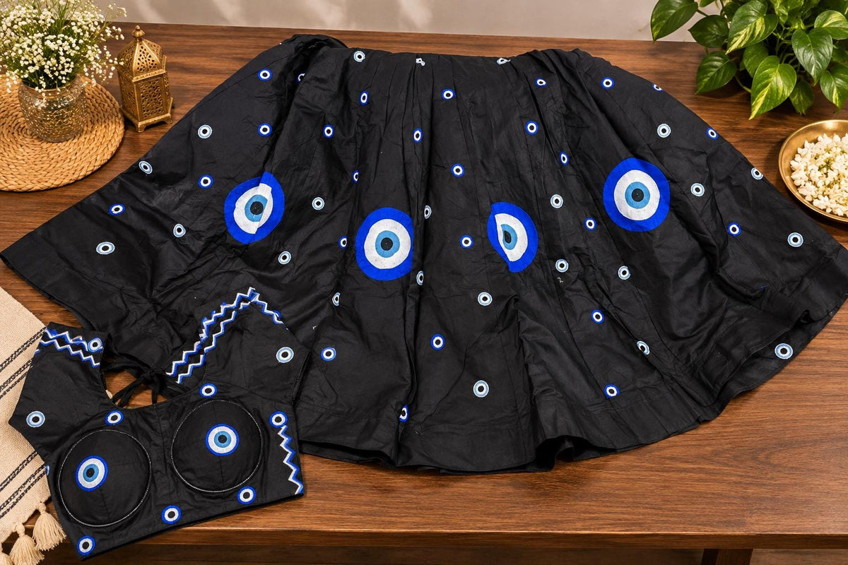 Black Embroidered Lehenga Set navratri garba blue eye motif skirt festive chaniya choli with dupatta