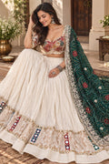 White green Cotton Lehenga Choli Set | Gold Embroidered Indian Skirt Set | Navratri Garba Outfit | Festive Ethnic Wear | Wedding Lehenga