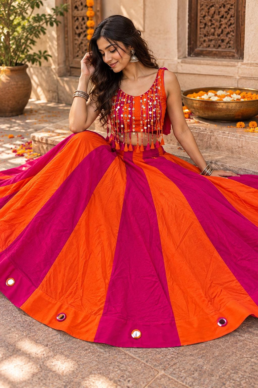 Pink Orange Garba Blouse | Navratri Chaniya Choli Blouse | Gujarati Garba Crop Top | Dandiya Blouse | Mirror & Coin Embellished Blouse