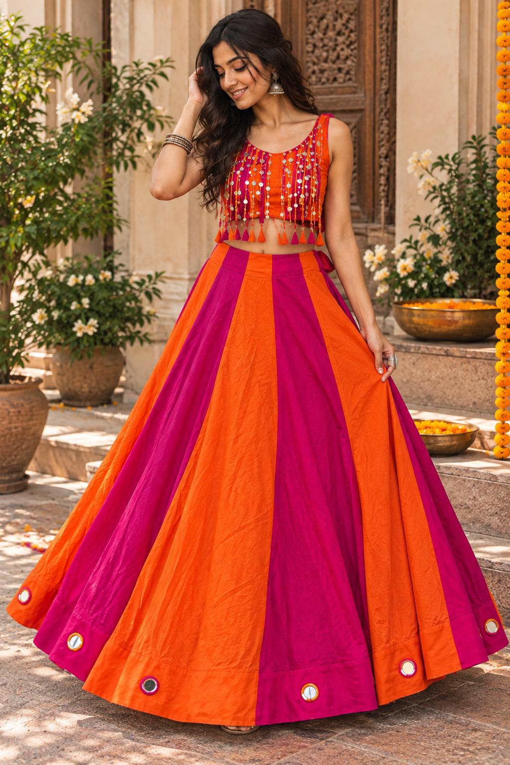 Pink Orange Garba Blouse | Navratri Chaniya Choli Blouse | Gujarati Garba Crop Top | Dandiya Blouse | Mirror & Coin Embellished Blouse