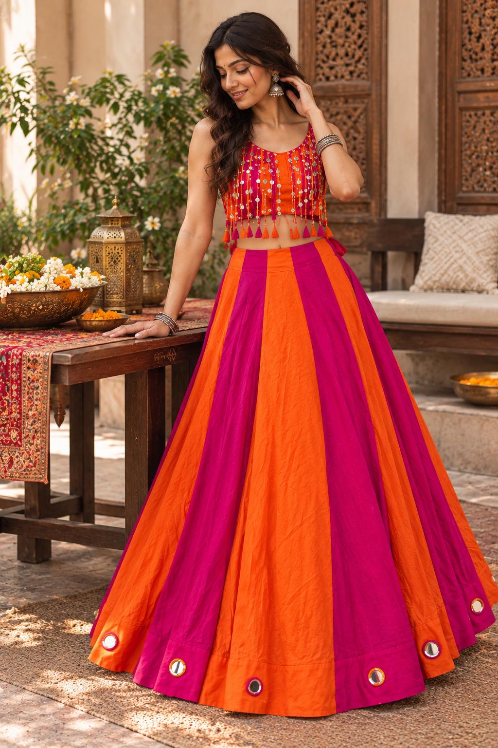 Pink Orange Garba Blouse | Navratri Chaniya Choli Blouse | Gujarati Garba Crop Top | Dandiya Blouse | Mirror & Coin Embellished Blouse