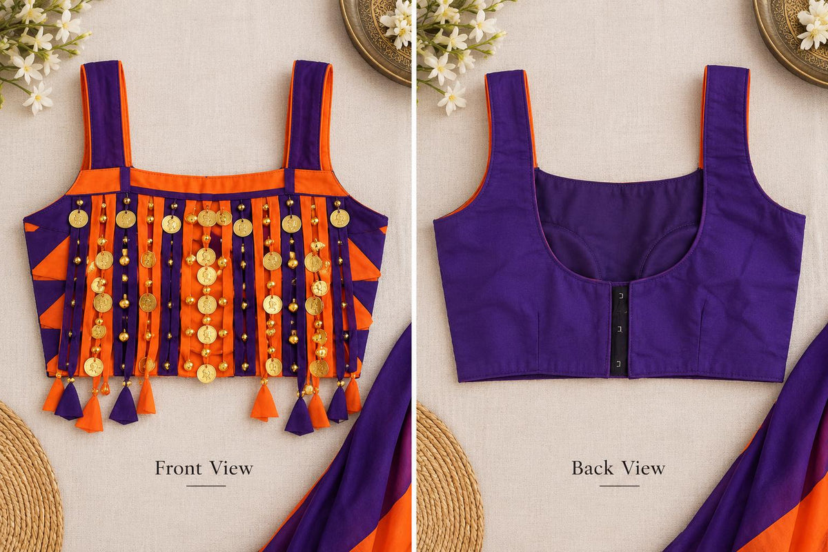 Purple Orange Garba Blouse | Navratri Chaniya Choli Blouse | Gujarati Garba Crop Top | Dandiya Blouse | Mirror & Coin Embellished Blouse