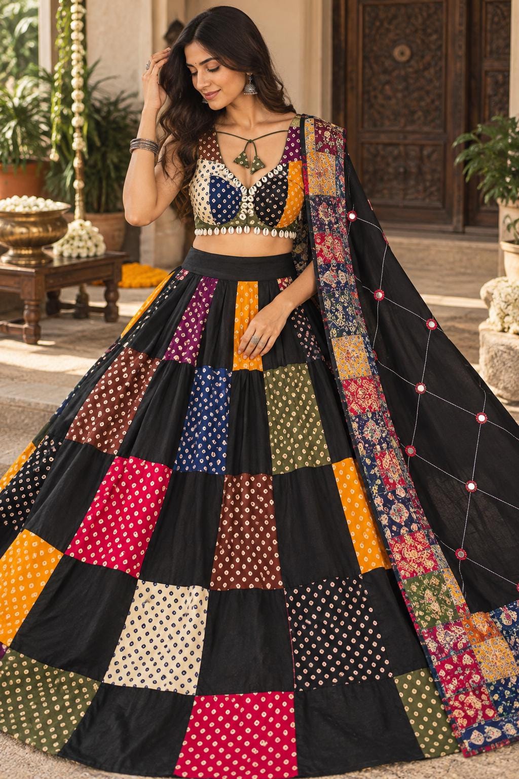 Garba Khadi Ajarak Print Lehenga | black Multicolored Ethnic Skirt | Navratri Ghagra Choli | Handmade Indian Festival Outfit
