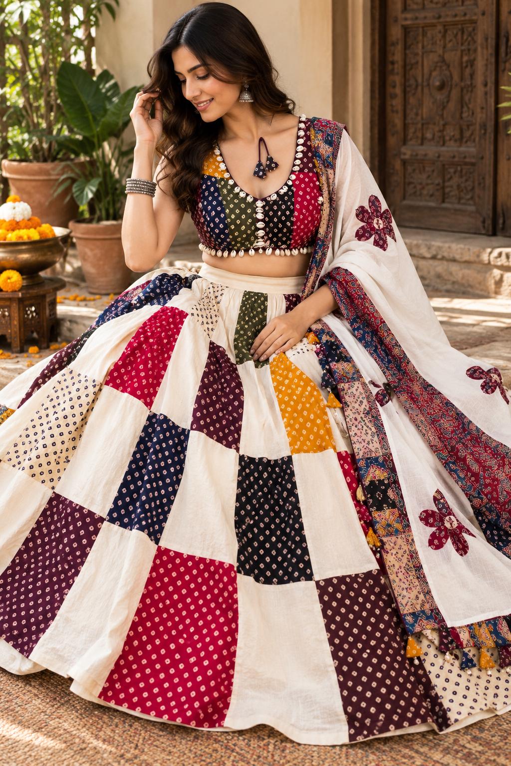 Garba Khadi Ajarak Print Lehenga | white Multicolored Ethnic Skirt | Navratri Ghagra Choli | Handmade Indian Festival Outfit