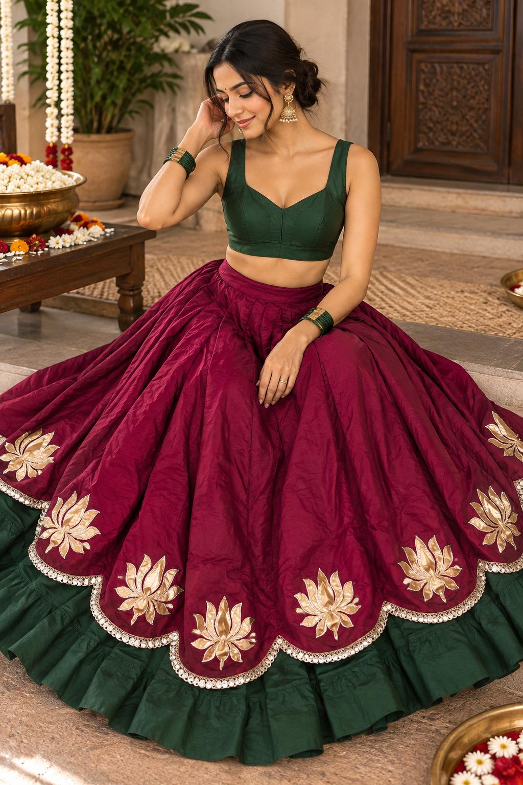 Maroon Green Cotton Lehenga Choli Set | Indian Festive Lehenga | Lotus Embroidered Skirt & Blouse | Navratri Garba Outfit | Handmade