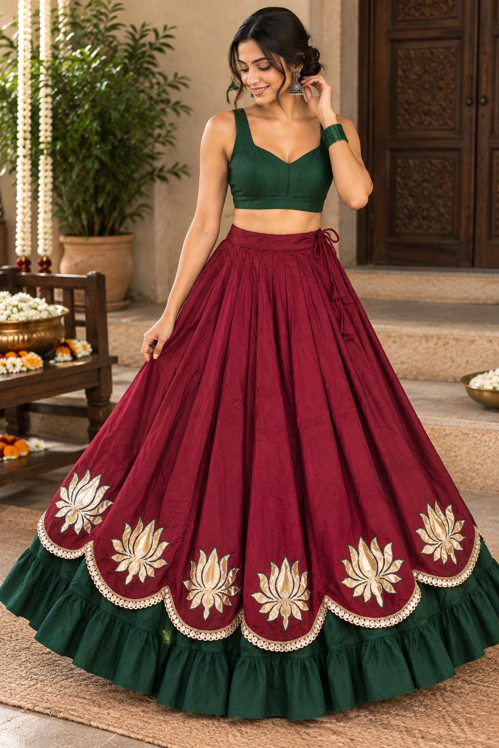 Maroon Green Cotton Lehenga Choli Set | Indian Festive Lehenga | Lotus Embroidered Skirt & Blouse | Navratri Garba Outfit | Handmade