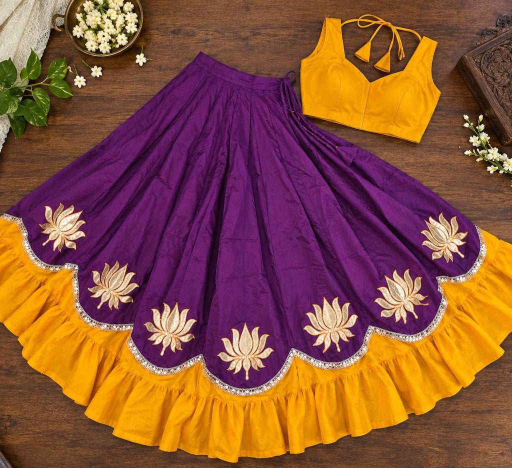 Purple yellow Cotton Lehenga Choli Set | Indian Festive Lehenga | Lotus Embroidered Skirt & Blouse | Navratri Garba Outfit | Handmade