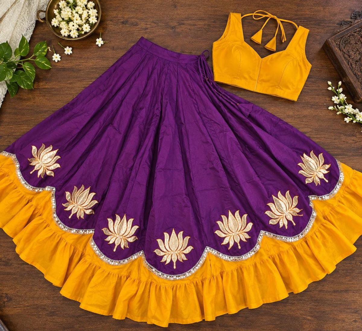 Purple yellow Cotton Lehenga Choli Set | Indian Festive Lehenga | Lotus Embroidered Skirt & Blouse | Navratri Garba Outfit | Handmade