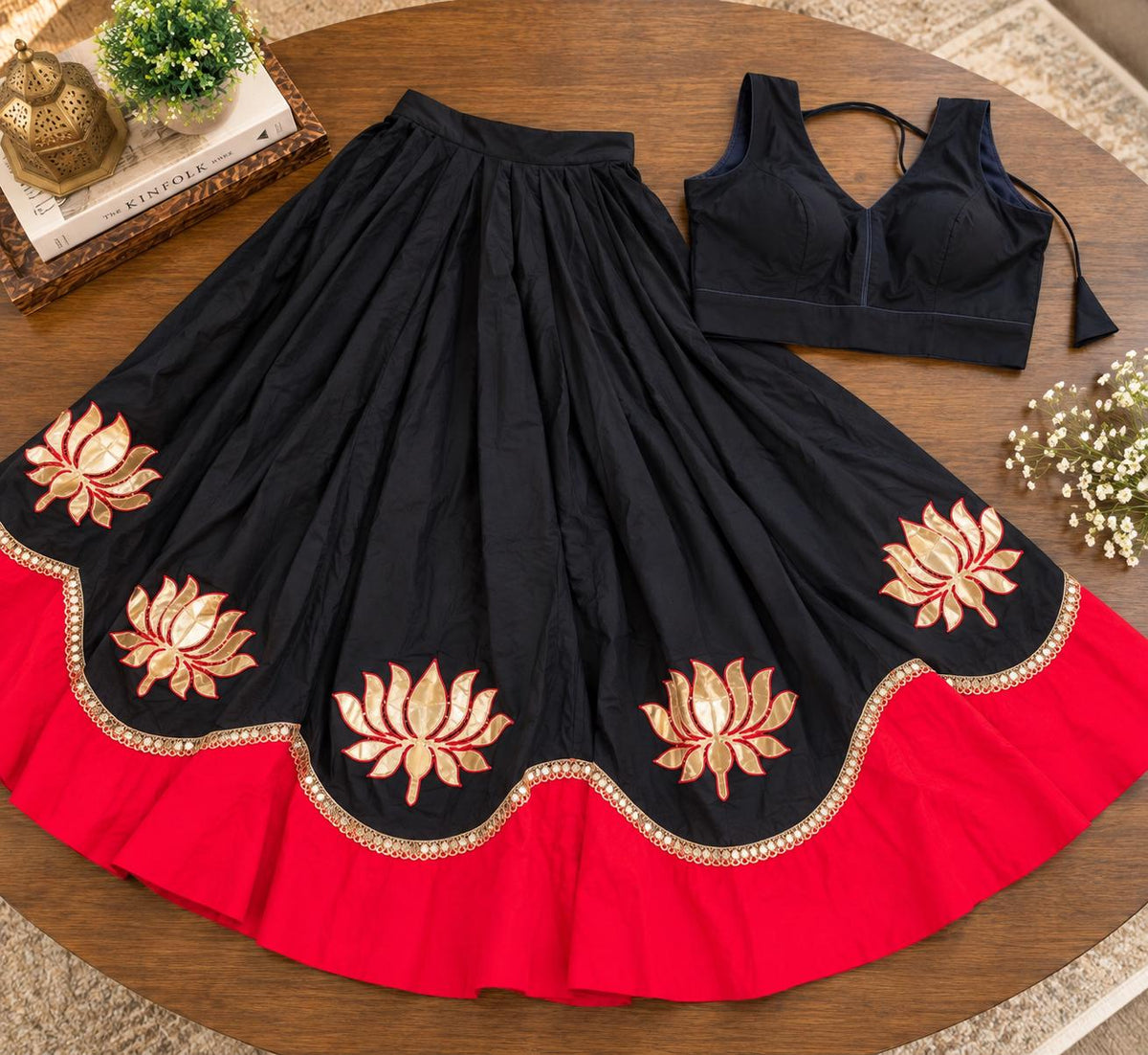 Red black Cotton Lehenga Choli Set | Indian Festive Lehenga | Lotus Embroidered Skirt & Blouse | Navratri Garba Outfit | Handmade