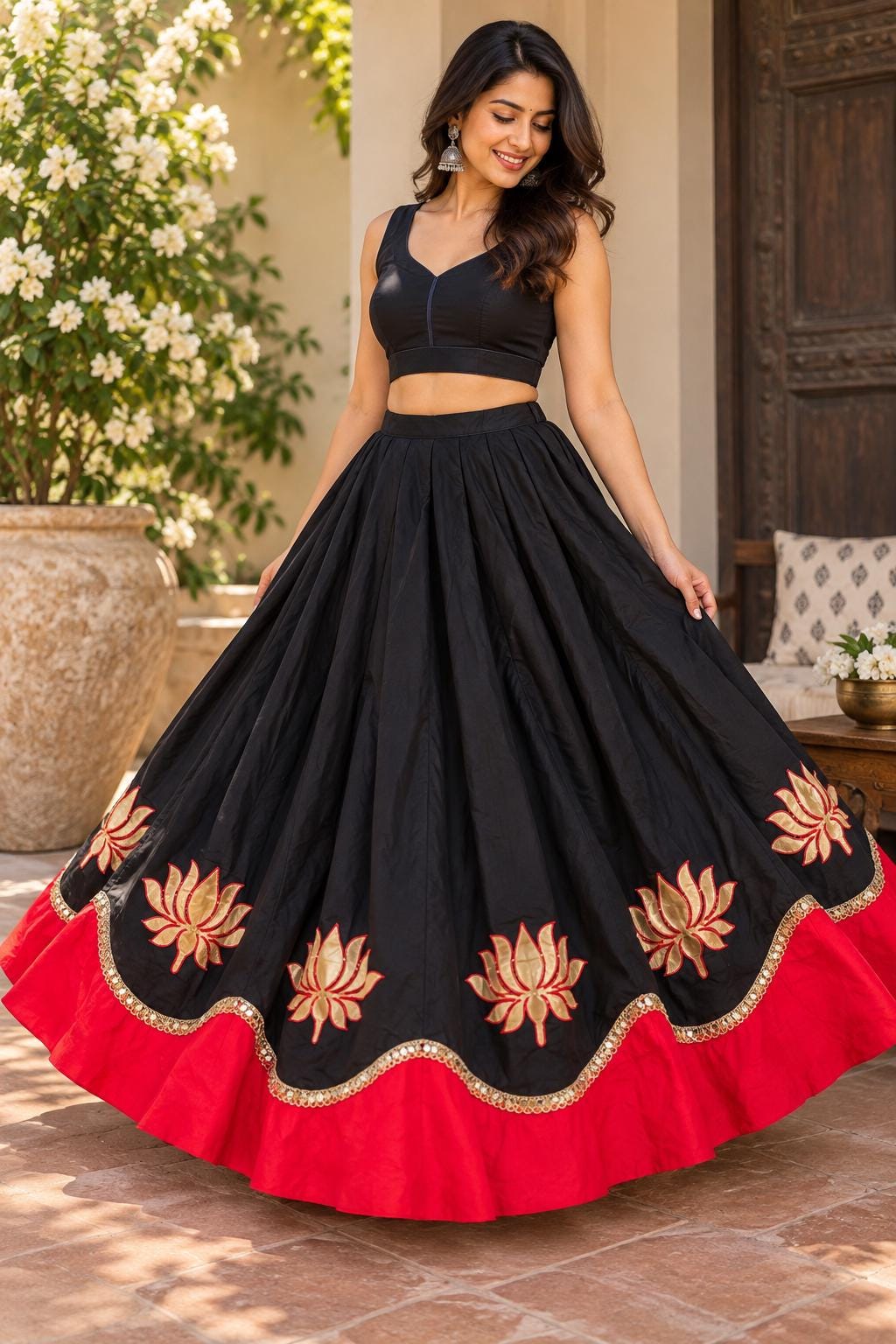 Red black Cotton Lehenga Choli Set | Indian Festive Lehenga | Lotus Embroidered Skirt & Blouse | Navratri Garba Outfit | Handmade