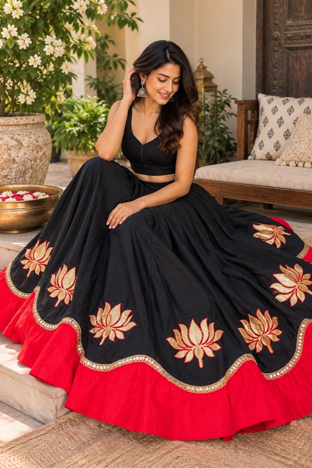 Red black Cotton Lehenga Choli Set | Indian Festive Lehenga | Lotus Embroidered Skirt & Blouse | Navratri Garba Outfit | Handmade