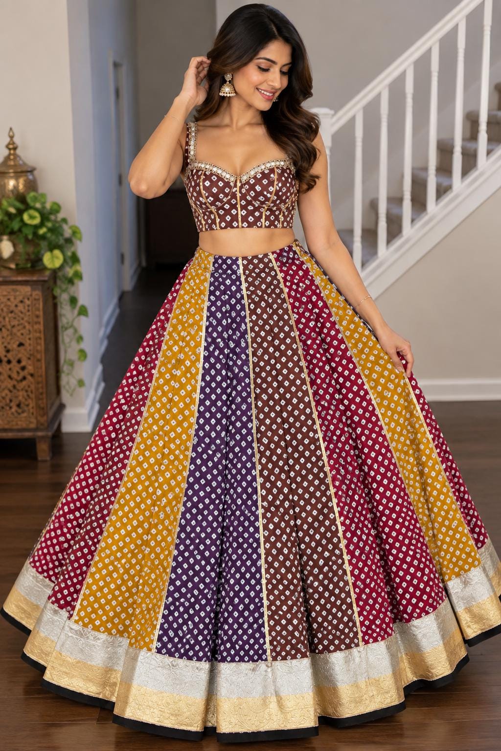 Reversible 2-in-1 Bandhani & Gota Patti Lehenga Skirt with 2 Blouses | Black Red Gota Patti Skirt | Reversible Indian Garba Outfit | Navratr