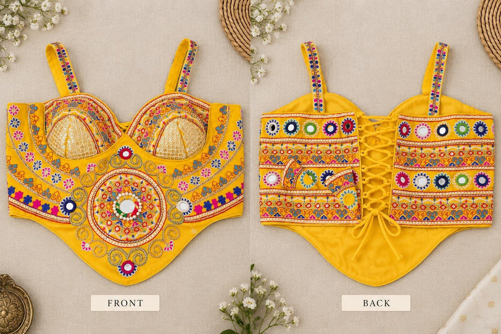 Yellow Hand Embroidered Garba Blouse | Gujarati Chaniya Choli Blouse | Mirror Work & Cowrie Shell Blouse | Navratri 2026 | Handmade Ethnic