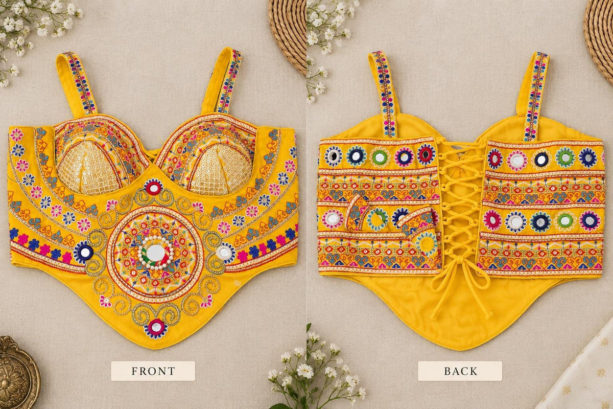 Yellow Hand Embroidered Garba Blouse | Gujarati Chaniya Choli Blouse | Mirror Work & Cowrie Shell Blouse | Navratri 2026 | Handmade Ethnic